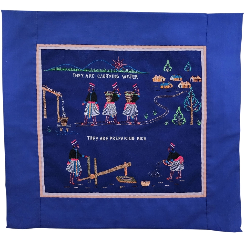 Handmade Pillow Cover Embroidered They Are Carrying Water Preparing Rice Zipper